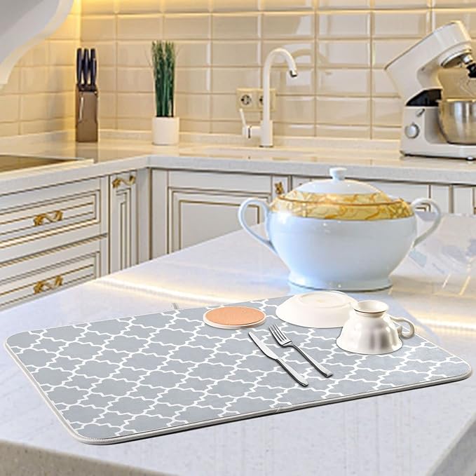 Super Absorbent Dish Drying Mat, Microfiber Fast-Drying Dish Mat, 16" x 18", Kitchen Dish Drying Pad, Grey Moroccan