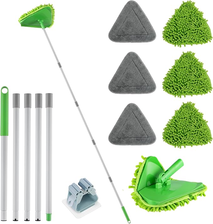 RONSUNG Wall Cleaner Mop, 82-Inch Handle, Baseboard Cleaner Tool, 6 Pads | Wall scrubber with long handle, triangle head, squeegee, and 6 pads for walls, ceilings, windows, baseboards, and floors