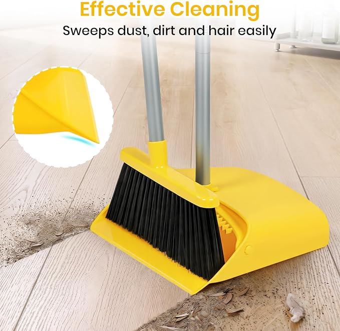 Stand Up Dustpan and Broom Set 50” Long Handle Broom with Dust Pan, with Self Cleaning Combe for Ergonomic Home Office Classroom Indoor Sweeping