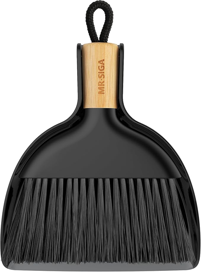 MR.SIGA Mini Dustpan and Brush Set, Bamboo Handle, Black, 1 Set | Portable cleaning brush and dustpan combo, handheld brush and dustpan combo with hanging loop