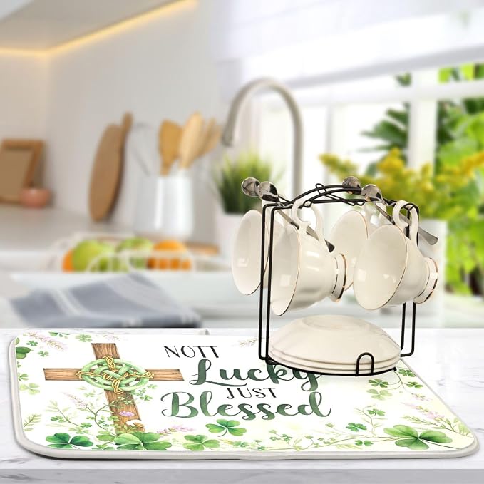 St.Patrick Days Dish Drying Mat for Kitchen Countertop 16x18 Green Shamrock Blessed Cross Small Drying Mat Reusable Quick Dry Dish Sink Mats Easy Clean Decorative Essentials
