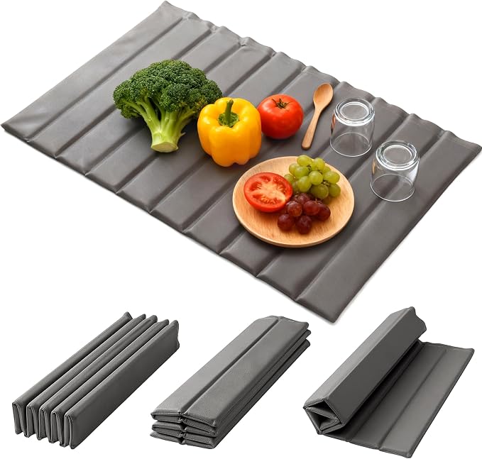 Large Stone Dish Drying Mat for Kitchen Counter, Quick-Dry Diatomaceous Earth Mat with PU Cover & Waterproof Bottom, Foldable Absorbent Drying Stone for Dishes, Cups and Bottles(25.2'' × 16.1'')