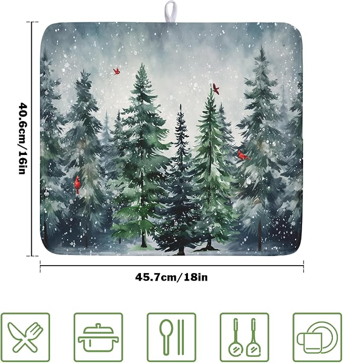 Winter Pine Tree Dish Drying Mat for Kitchen Counter 16x18 Inch Winter Snowflake Xmas Forest Dish Draining Mat Christmas Decorations Fast Absorbent Tableware Dishes Pad for Coffee Bar Countertop