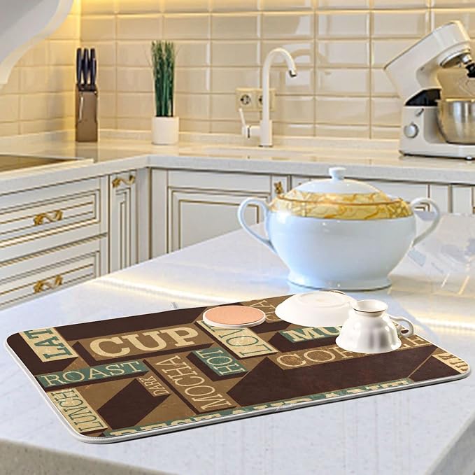 Super Absorbent Dish Drying Mat, Microfiber Fast-Drying Dish Mat, 16" x 18", Kitchen Dish Drying Pad, Coffee Themed Seamless Retro