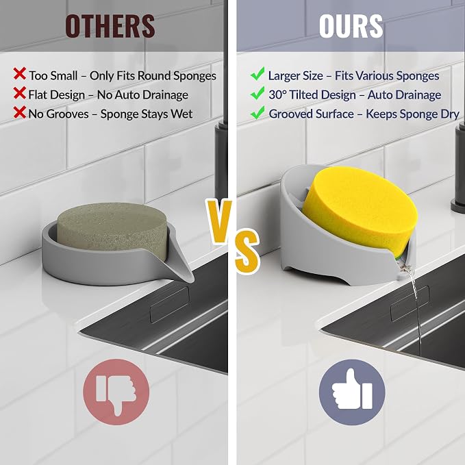 NiHome Silicone Sponge Holder for Kitchen Sink, Fits Scrub Daddy Mommy | Self-Draining Dispenser Organizer Tray, Sink Caddy Countertop Fits Soaps, Scrubber, Dishwasher Safe, Includes Brush, Gray