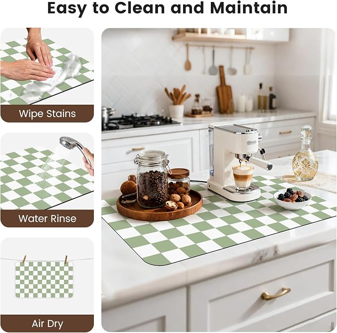 Checkered Dish Mat for Kitchen Coffee Station, 17" x 32" Sage | Quick Drying & Absorbent Mat for Coffee Bar Espresso Machine Countertops Accessories