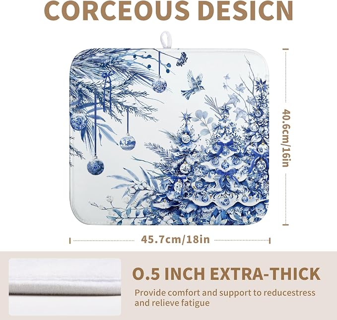 Christmas Tree Dish Drying Mat for Kitchen Counter 16x18 Inch Blue White Chinoiserie Winter Xmas Holiday Drying Mats Microfiber Absorbent Dish Draining Reusable Dish Drainer Pad