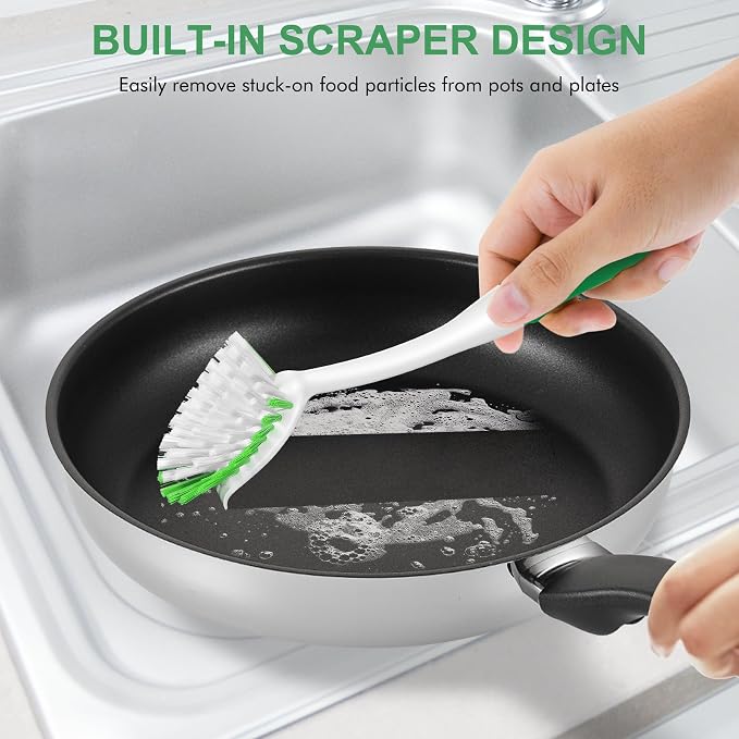 SetSail Dish Brush with Handle, 3 Pack Stiff Bristles Dish Scrubber with Built-in Scraper Dish Scrub Brushes for Cleaning Dishes, Pots and Pans, Kitchen Sink, Green