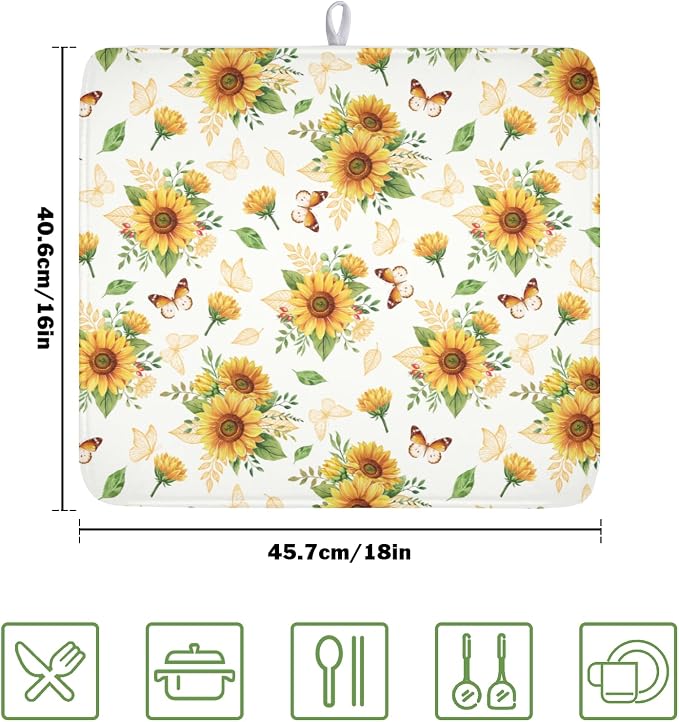 Sunflower Dish Drying Mat for Kitchen Counter Summer Yellow Floral Microfiber Dish Drainer Mat Rustic Farmhouse Absorbent Washable Drying Pad 16"x18"