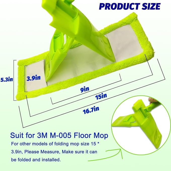 4 Pack Reusable Mop Pads Compatible with 3M Scotch-Brite M-005 Floor Mops, Microfiber Hardwood Floor Mop Pads Wet or Dry Use mop,Fit for Folding mop 15in*3.9in mop Head