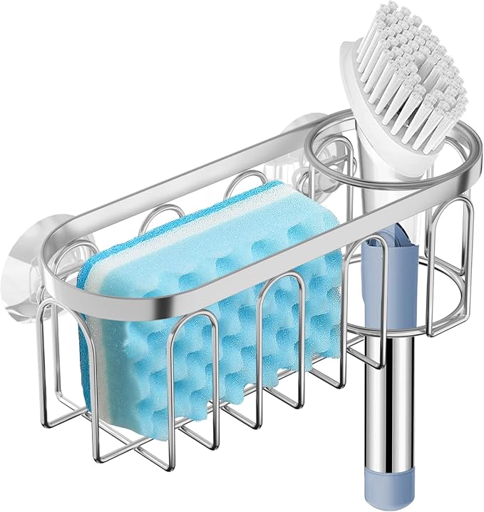 2-in-1 Sponge Holder for Kitchen Sink, Sink Caddy Kitchen Sink Organizer with 3 Suction Cups, No Drill Rustproof Sink Sponge Holder for Dish Brush, Soap & Sponge (Silver)