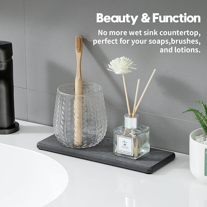 Razborci 2PCS Bathroom Trays, Water Absorbing Diatomite Stone Quick Drying Mat for Kitchen Counter, Dish Rack Soap Dispenser Sponge Holder Caddy Sink Vanity Organizer, Dark Gray Slate,9"x3.5"