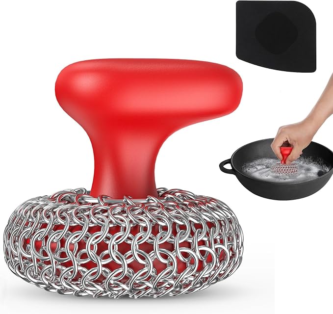 Cast Iron Scrubber | Dish Scrub Brush | 316 Cast Iron Cleaner Chainmail Scrubber for Pan Skillet Cleaner - Red