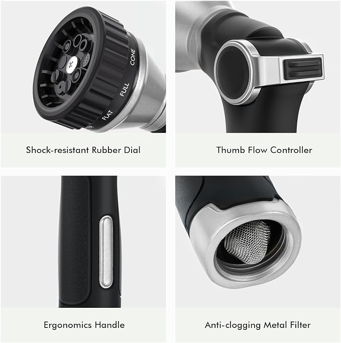 RESTMO Water Hose Nozzle Heavy Duty, Garden Hose Sprayer Thumb Control | Premium Zinc Alloy Metal, 8 Spray Patterns, Flow Adjustable, for Outdoor Plants & Lawns Watering, Cars & Pets Washing, Silver