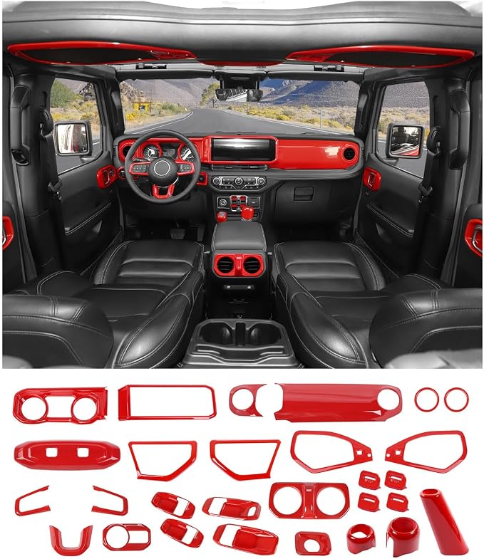 JWWY Interior Trim Kit Dress-Up Kit Decor Set Center Console Gear Shift Dashboard Panel,Door Window Switch Knob Speaker Cover Trim for 2024–2026 Jeep Wrangler JL JLU & Gladiator JT Red 28pcs