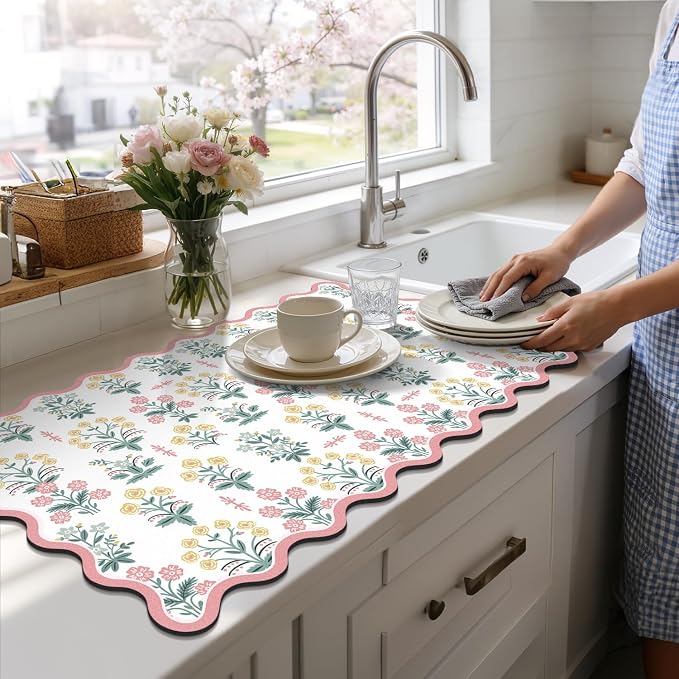LOKHOM Scalloped Floral Dish Drying Mat, 17"x32" Super Absorbent Coffee Mat with Unique Pink Pastoral Floral, Cuttable Hide Stain Non-slip Drying Mat for Kitchen Counter Coffee Maker Espresso Machine