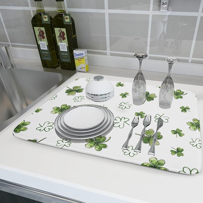 St Patricks Day Dish Drying Mat for Kitchen Counter Cute Shamrocks Holiday Microfiber Absorbent Dish Draining Reusable Washable Foldable Extra Large 18"x24"