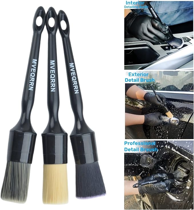 MVEQRRN 3PCS Car Detailing Brush Set, Boars Hair & Soft Auto Brushes | No Scratch,Detailing Brush for Air Vent,Leather Seat,Detail Brushes Car Detailing for Interior Exterior