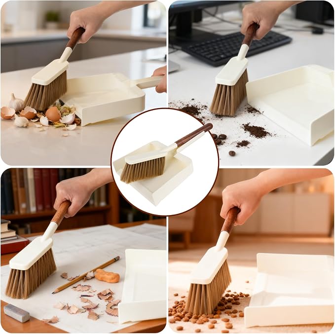 Hand Broom and Dustpan Set,Portable Small Dustpan and Brush Set with Sapele Wood Handle,Teeth Design,Compact Hangable Broom with Dustpan for Cleaning Desktops Kitchen Sofa Pet Hair,Beige
