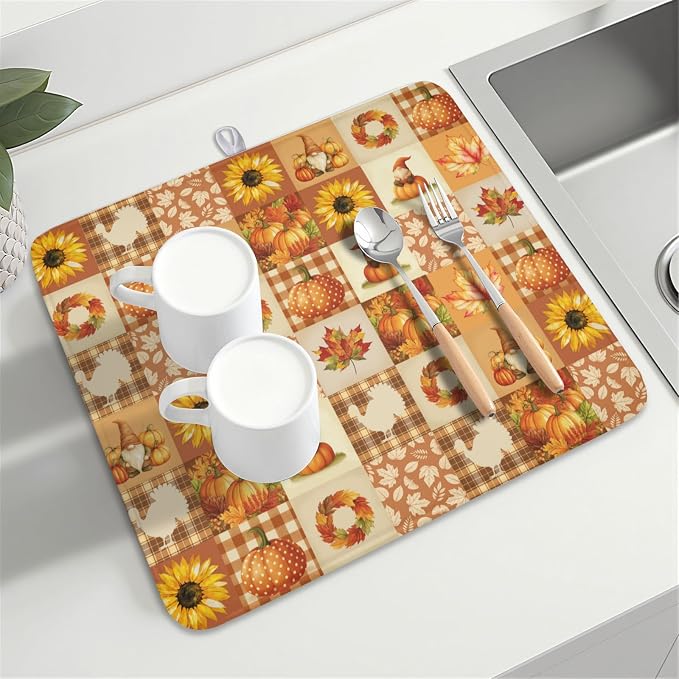 Fall Thanksgiving Dish Drying Mat for Kitchen Counter Autumn Harvest Orange Dish Drainer Mat Rustic Absorbent Washable Drying Pad 16"x18"