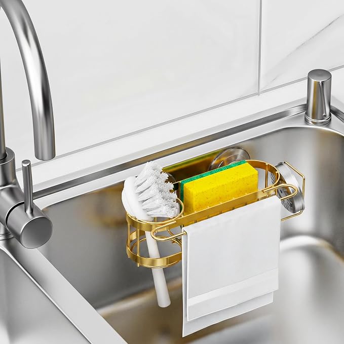 Cisily Kitchen Sink Caddy Sponge Holder in The Sink, Stainless Steel Kitchen Sink Organizer, Brush Holder, Dish Cloth Hanger, Sink Stopper Holder (Suction cup-Gold)