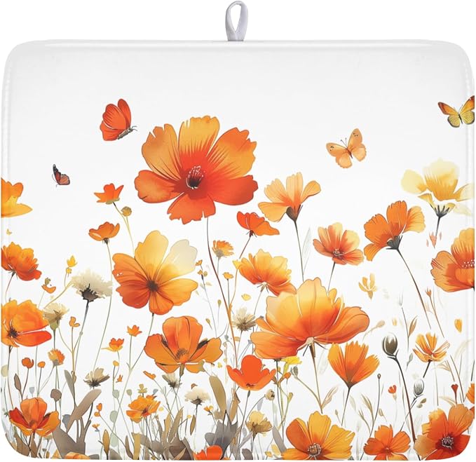Fall Dish Drying Mat for Kitchen Counter 16 x 18 Inch Autumn Orange Floral Dish Drainer Mat Absorbent Microfiber Thanksgiving Harvest Dish Rack Pad for Coffee Dining Decor