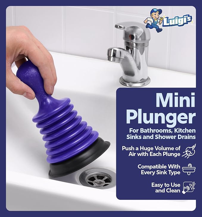 Luigi's Sink Plunger Kitchen - Sink Plunger Bathroom - Drain Bathtub or Shower - Small and Powerful Clog Remover - Commercial Style Plumbers Plungers with Large Bellows - Blue - Mini