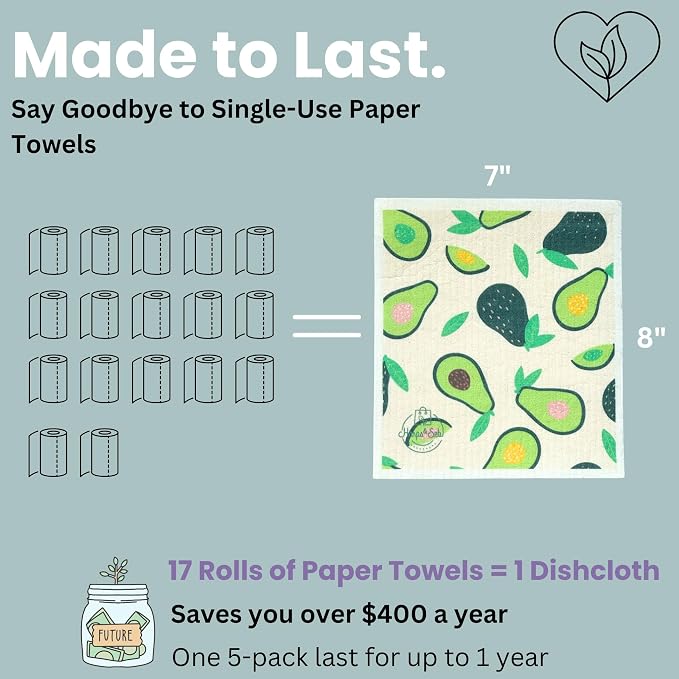 Harps&Seb Swedish Dishcloths for Kitchen Dish Towels - 5 Pack, Non-Scratch Reusable Paper Towels, Super Absorbent Washable Swedish Dish Cloths, No Odor, Biodegradable, Fruit Design