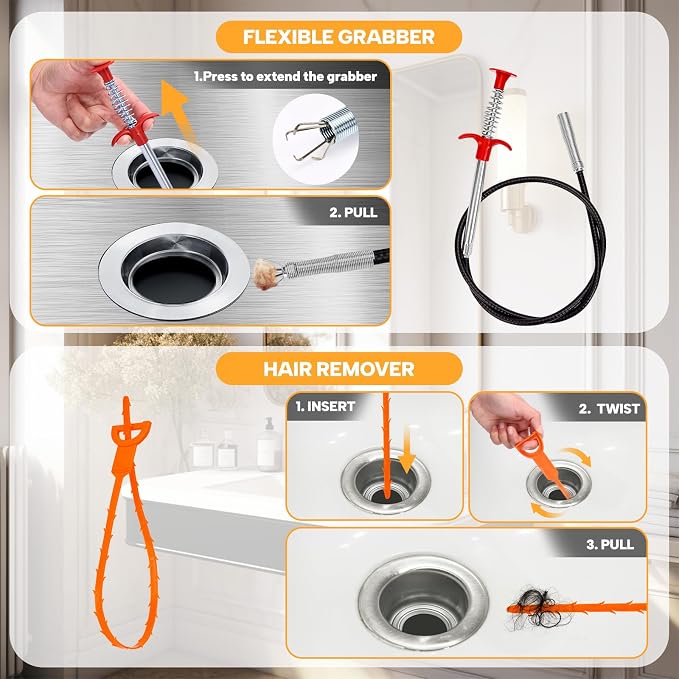 Drain Auger 33 ft, Plumbing Snake Hair Clog Remover Drain Snake Flexible Grabber Heavy Duty Sink Cleaner Tools for Shower Bathtub Bathroom Kitchen Pipe, Red