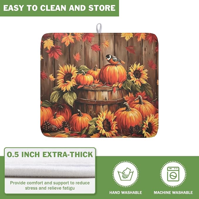 Fall Pumpkin Dish Drying Mat for Kitchen Counter Thanksgiving Autumn Harvest Pumpkin Microfiber Dish Drainer Mat Rustic Farmhouse Absorbent Washable Drying Pad 16"x18"