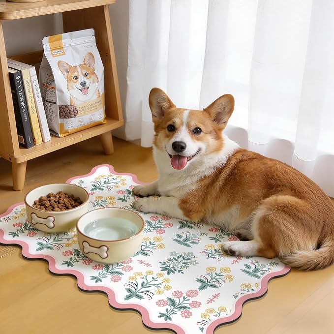 LOKHOM Scalloped Floral Dish Drying Mat, 12"x20" Super Absorbent Coffee Mat with Unique Pink Pastoral Floral, Cuttable Hide Stain Non-slip Drying Mat for Kitchen Counter Coffee Maker Espresso Machine