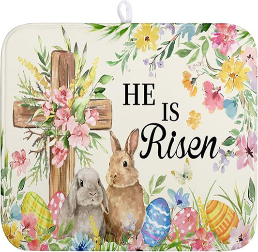Easter He Is Risen Bunny Dish Drying Mat for Kitchen Counter Spring Easter Cross Floral Eggs Drying Pad 16x18 In Microfiber Absorbent Holiday Dishes Drainer for Kitchen Counter Tableware