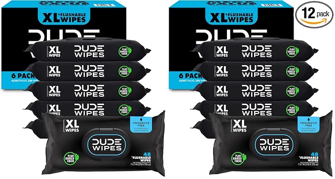 DUDE Wipes - Flushable Wipes, Unscented - Extra-Large - Vitamin-E & Aloe - Septic and Sewer Safe,48 Count (Pack of 12)
