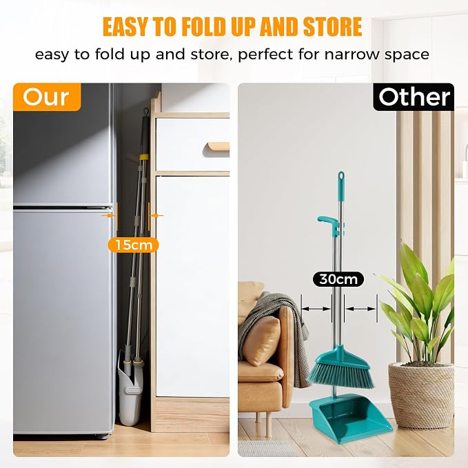 Broom and Dustpan Set, 61-Inch Adjustable Handle, Standing Dustpan | 180° rotating head reaches under furniture; comb teeth remove pet hair and dust for easy indoor and outdoor floor cleaning.