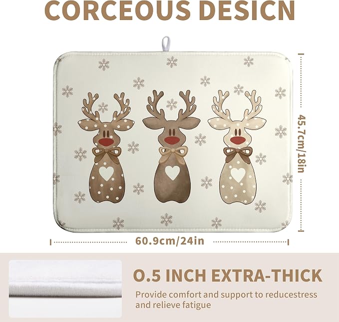 Christmas Reindeer Snowflakes Dish Drying Mat for Kitchen Counter 18x24 Inch Winter Xmas Holiday Drying Pads Microfiber Absorbent Dish Draining Mat Large Dish Drainer Rack Mat