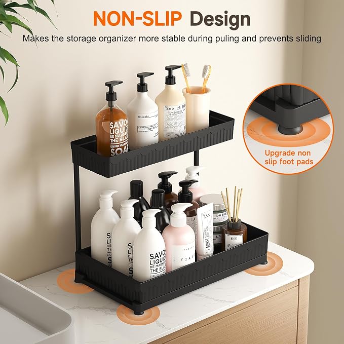 Sevenblue 3 Pack Multi-Purpose Pull-Out Storage Organizers, 2-Tier L-Shaped Under Sink/Cabinet Organizers and Storage for Bathroom & Kitchen,Black,14.85 Inch