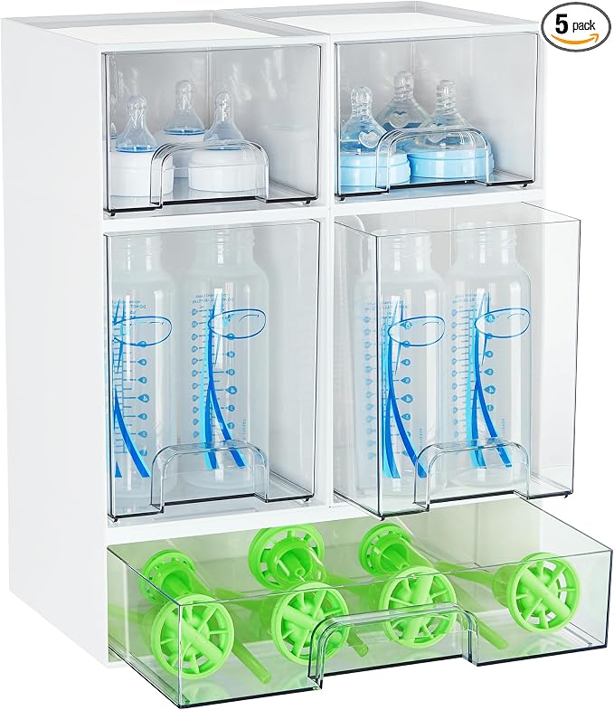 Vtopmart Stackable Storage Drawers Set of 5, Plastic Organizer Bins for Baby Bottle, Beauty Supplies Storage, Ideal for Kichen Countertop, Vanity, Bathroom, Cabinet, Pantry Organization,White
