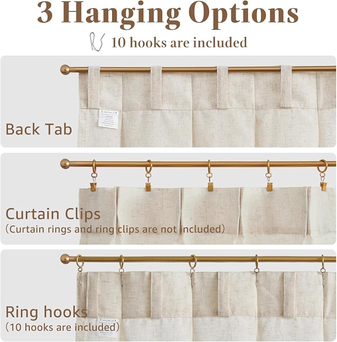 jinchan Linen Pinch Pleated Back Tab Tier Curtains,26x36,2 Panels,Natural | Light filtering,small window treatment,cafe curtains,machine washable,farmhouse,kitchen,bathrooms,laundry