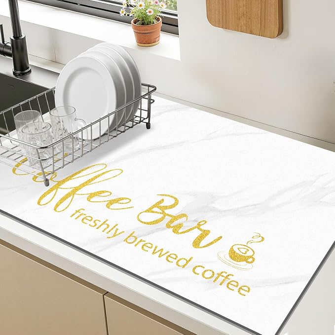 Findosom Dish Drying Mat, 16"x 24" Super Absorbent & Hide Stain Coffee Mat, Cuttable Drying Mat for Kitchen Counter, Coffee Bar Accessories, Under Dish Rack, Coffee Maker, Espresso Machine, White
