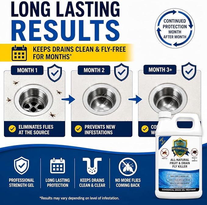 Natural Armor Drain Fly & Fruit Fly Killer (128 Oz, Case of 4) | Commercial Drain Treatment for Indoor Drains - Eliminates Drain Flies, Fruit Flies, Gnats & Sewer Flies - Septic Safe