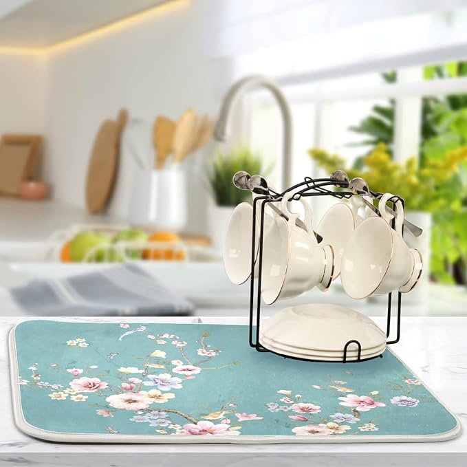 Absorbent Dish Drying Mat for Kitchen Counter - Chinese Painting Art Microfiber Drying Pad, Reversible Drainer Mats for Countertop, Lager 18 x 24 inch