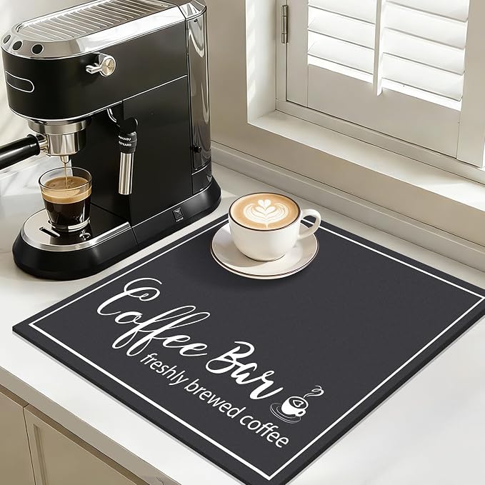 Findosom Dish Drying Mat, 16" x 18" Super Absorbent & Hide Stain Coffee Mat, Cuttable Drying Mat for Kitchen Counter, Coffee Bar Accessories, Under Dish Rack, Coffee Maker, Espresso Machine, Black