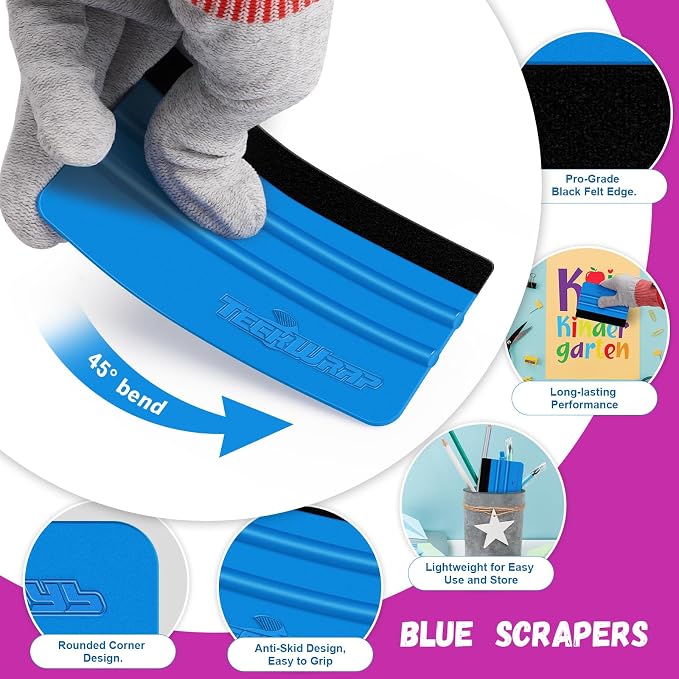 TECKWRAP Professional Felt Squeegee for Vinyl, 20 PCS | Plastic Felt Squeegee Tool, For Decals Inkjet Vinyl Sticker Paper, Wallpaper Application Tools, 6" Pitaya×10 & 4" Blue×10