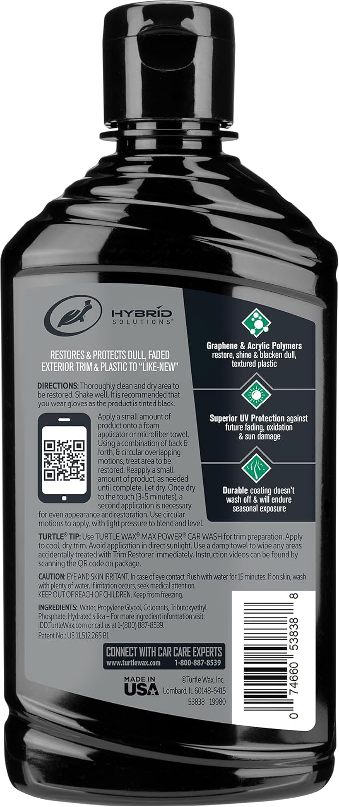 Turtle Wax Hybrid Solutions Graphene Acrylic Black Trim Restorer, Revives Exterior Car Plastic to Like New Condition, Won't Wash Off, Superior UV Protection, 10 fl oz