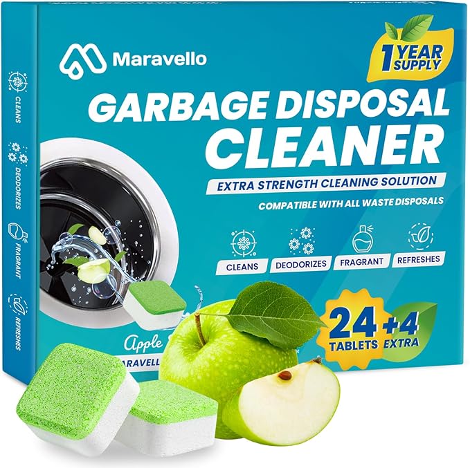 Garbage Disposal Cleaner and Deodorizer 28 Tablets Sink Foaming Garbage Disposer Freshener - Kitchen Drain Cleaning Pods with Apple Fresh Formula - 1 Year Supply