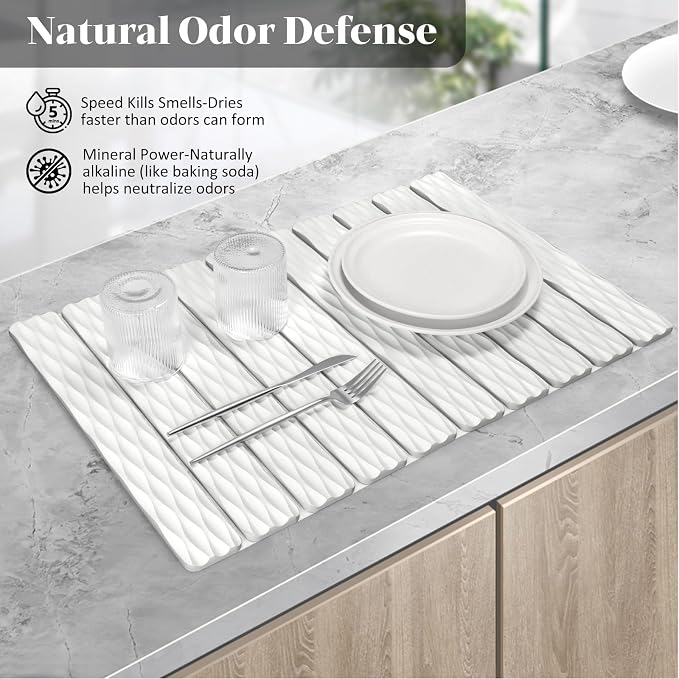 Stone Dish Drying Mats for Kitchen Counter, 24"(L)×16"(W) Wave - Pattern, Fast Drying Collapsible Dish Drying Mat, Eco-Friendly Absorbent Diatomaceous Earth Mats for Match Any Countertop