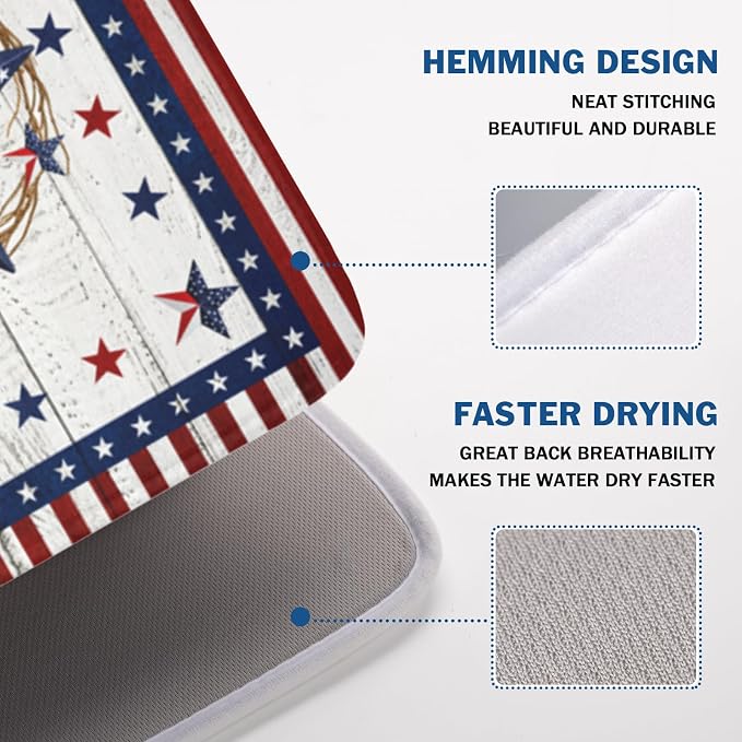 4th of July Patriotic Dish Drying Mat for Kitchen Counter Vintage Red and Blue Star Microfiber Dish Drainer Mat Country Absorbent Washable Drying Pad Extra Large 18"x24"