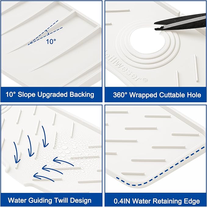 Faucet Mat for Kitchen Sink – 24” x 5.1” Extra-Long Silicone Splash Guard with 10° Slope & Upgraded Drainage – Gen 3 Sink Water Catcher & Sponge Holder for Kitchen, Bathroom (White)