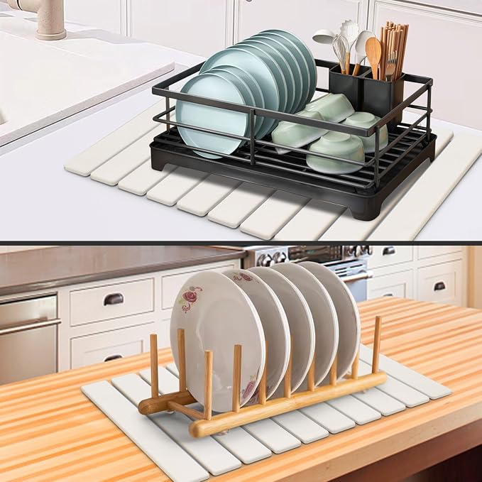 Large Stone Dish Drying Mat for Kitchen Counter, 24"(L)×16"(W) Fast Dry Super Absorbent Collapsible Dish Drying Mats, Eco-Friendly Diatomaceous Earth Mats for Dishes Bottles Cups,Match Any Countertop