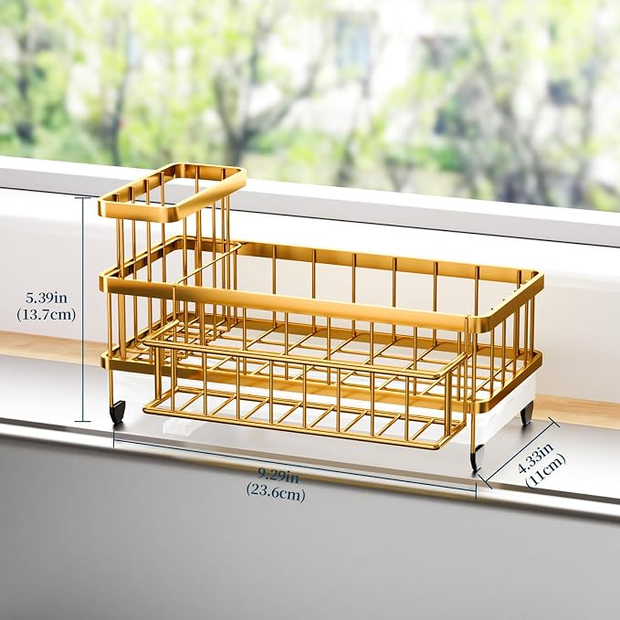 Consumest Sponge Holder for Kitchen Sink - Auto Draining Sink Caddy Organizer with Detachable Rack, High Brush Holder, Kitchen Countertop Storage Accessories, Gold